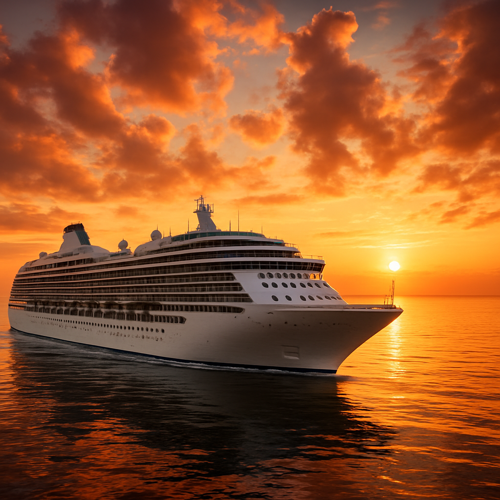Luxury cruise ship at golden sunset representing cruise holiday packages