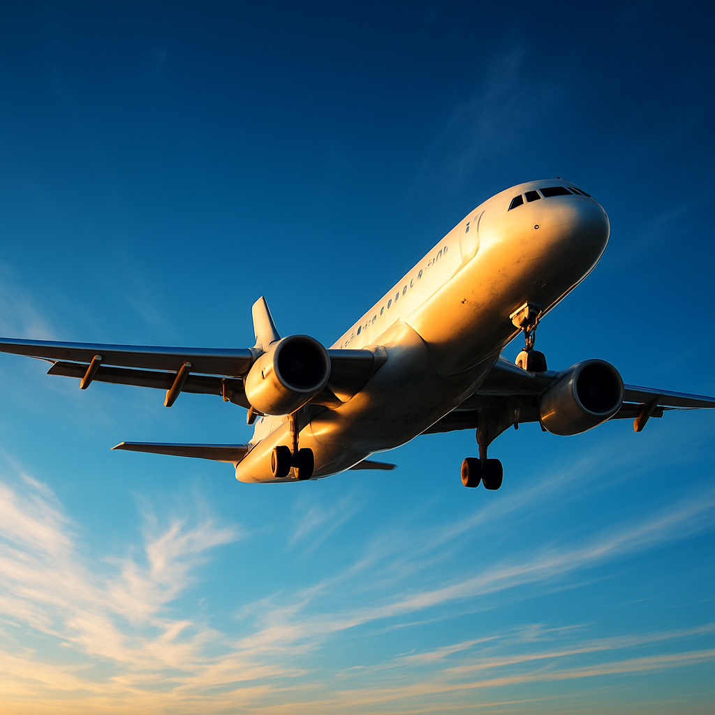 Commercial airplane in blue sky representing flight booking services